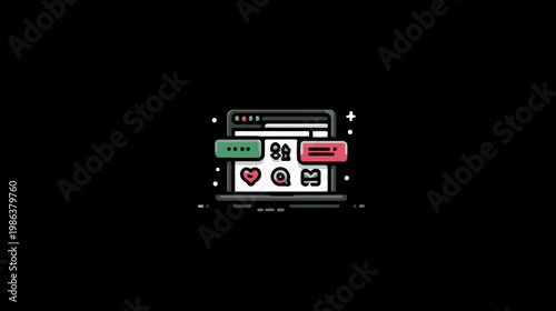 Online shopping marketplace concept on laptop screen. E-commerce website interface with buy and sell buttons, flat vector design.