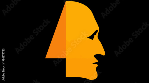 Geometric optical illusion of the number four cleverly integrated with a human face profile on a black background, abstract graphic art.