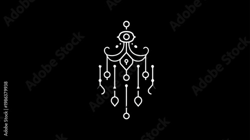 Elegant mystical eye symbol line art. Ornate decorative amulet with dangling elements. Abstract minimalist graphic vector illustration.