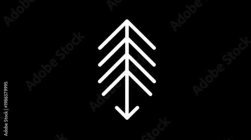 Minimalist geometric tree icon with upward and downward arrows on black background, abstract graphic design element.