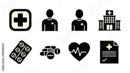 Medical icon set with 8 black solid vector elements, healthcare symbols including hospital building and doctor, pharmacy medication and heart rate icons