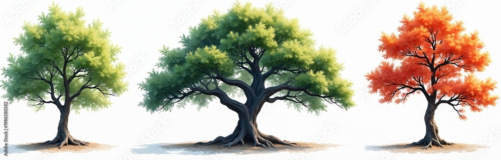 Fototapeta premium Group of three trees one green summer one green spring another red autumn. Ancient oak tree sturdy trunk wide spread roots showing natural beauty and strength.