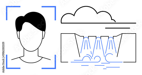 Facial recognition, cloud computing, AI analysis, digital identity, technology concepts, and eco-sustainability. Human profile within recognition frame and stylized cloud-waterfall scene. Facial