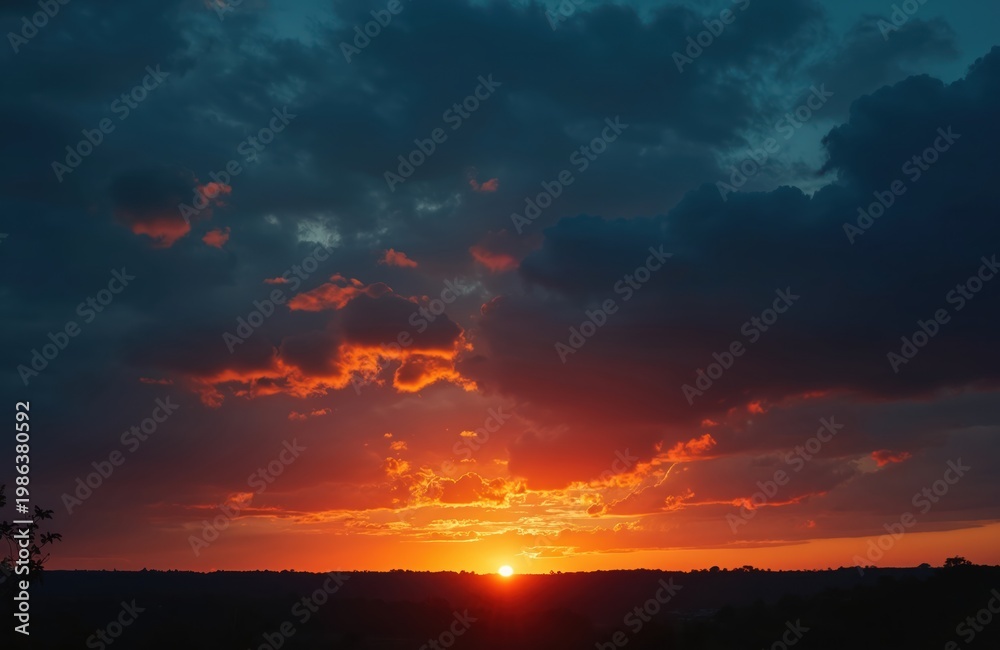 Fototapeta premium Dramatic dark sunset sky with bright orange sun low on horizon. Clouds glow with warm fiery light over dark land silhouette. Natural beauty.
