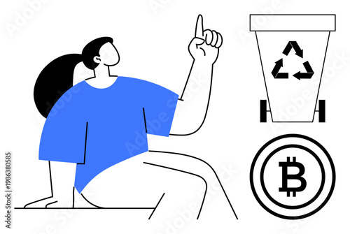 Sustainability, technology, environment, cryptocurrency, blockchain, ecofriendly practices. Person gesturing near a recycling bin and Bitcoin icon. Sustainability and cryptocurrency concepts