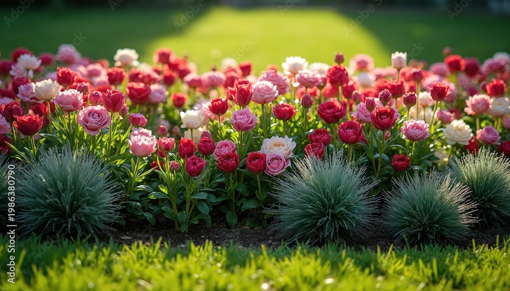 Fototapeta premium Close-up of a flower bed filled with pink and red tulips and roses. Rich green grass and ornamental plants frame the blooming flowers in sunlight. A garden scene.