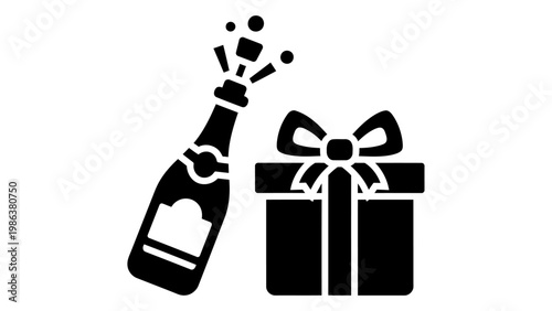 Champagne bottle popping and gift box icon