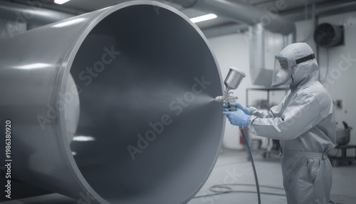 Medium shot focusing on polyester internal coating being sprayed in a controlled environment highlighting smooth coverage and industrial maintenance processes.