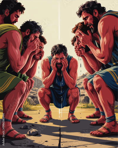 Ancient men weeping in sorrow and repentance, dramatic biblical illustration of grief, prayer, anguish, and emotional suffering