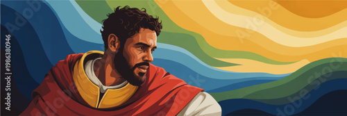 Dramatic biblical hero portrait in colorful vector style with flowing abstract landscape, warrior man in robe under golden sky