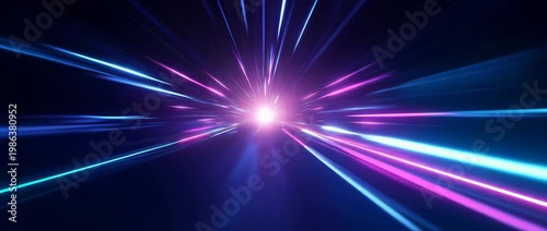 Futuristic neon light speed tunnel with blue and pink glowing streaks, abstract high speed motion and sci fi warp effect