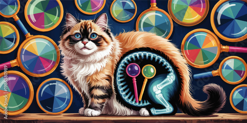 Colorful veterinary cat anatomy illustration with xray view, blue eyes, magnifying glasses, playful educational pet poster