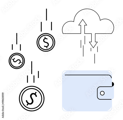 Digital currency. of digital currency transfer with coins, cloud storage, and wallet. Digital currency for mobile banking, online transactions, cloud banking, fintech, e-commerce