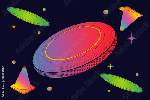 Retro futuristic neon sports illustration featuring a floating flying disc and training cones on a dark starry grainy background