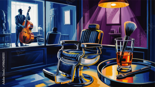 Atmospheric barbershop interior with vintage chair and shaving brush beside window view of jazz bassist in moody urban night