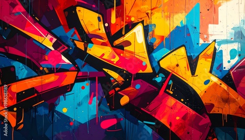 Dynamic Wildstyle Graffiti Mural: An Explosion of Vivid Color and Abstract Shapes