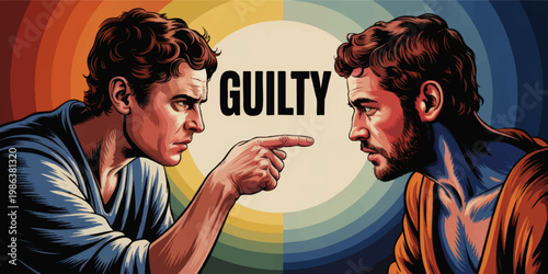 Accusation and guilt concept illustration with two angry men in confrontation, pointing finger, retro pop art psychology poster