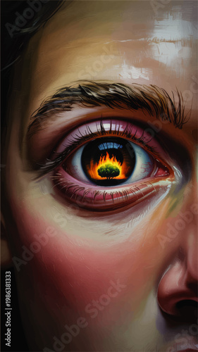 Surreal close up human eye with burning tree reflection, climate crisis concept, emotional digital portrait illustration