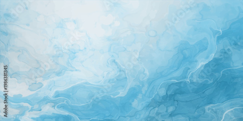 An abstract blue watercolor background features a frozen winter texture of white snow and icy clouds over a cold nature backdrop