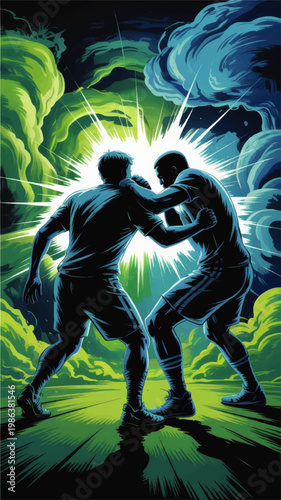 Dynamic Soccer Duel Illustration with Dramatic Light Burst, Blue Green Clouds, Silhouette Players and Action Sports Energy