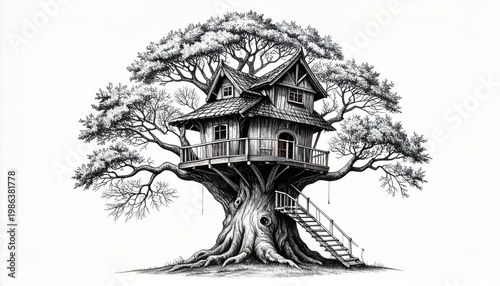 Intricate Pen and Ink Illustration of a Whimsical Treehouse Nestled in a Gnarled Tree.
