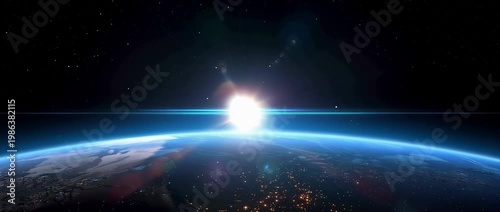 earth sunrise from space, planet horizon, milky way above earth, cosmic dawn, atmospheric glow, sunrise over planet, space horizon view, galaxy arc, celestial panorama, universe background, orbit pers