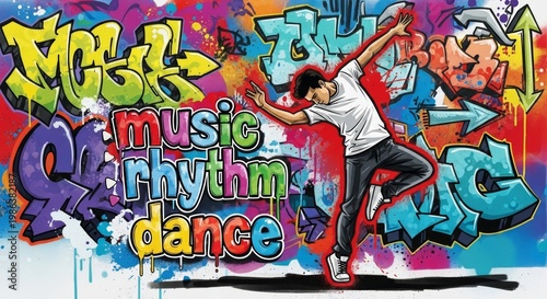 Young man breakdancer performing hip hop move in front of colorful graffiti wall. Street dancer showing urban dance style. Artistic mural background with lettering for creative concept.