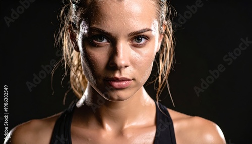 Intense Gaze Through Sweat: A Determined Athlete's Dramatic Close-up Portrait.