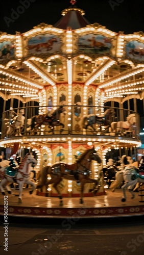Children and adults ride the carousel with bright lights shining all around. The carousel features crafted horses and a colorful structure. It is a fun place at night Generative AI