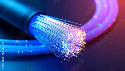 Luminous Fiber Optic Cable Core Glowing with Blue and Magenta Data Streams