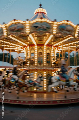 The carousel spins in the amusement park as the evening light shines. Riders enjoy their time on colorful horses and other animals, creating a fun atmosphere for all Generative AI