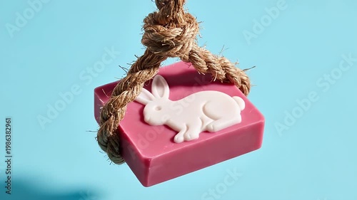 Close-up pink soap bar with a white heart design hanging by a rope against a bright blue background