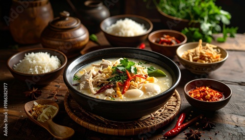 Vibrant Asian Chicken Soup with Quail Eggs and Chili in a Rustic, Dark-Wood Setting