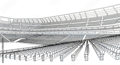 Detailed line art illustration of an empty sports stadium with numerous seating rows.