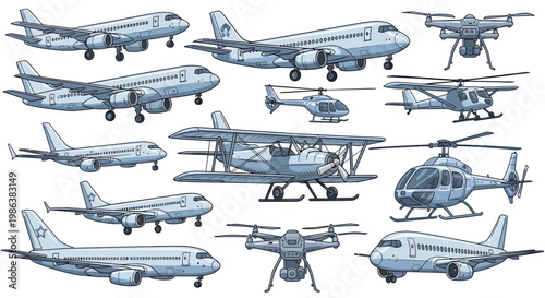 Collection of various aircraft including airplanes helicopters and drones isolated on white
