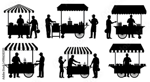 Collection of street food cart silhouettes with vendors and customers