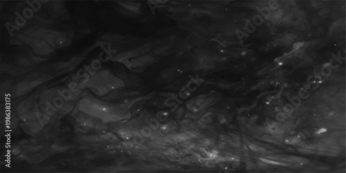 Abstract black and white space background featuring a dark black hole in the snow amidst motion texture of smoke clouds and light under a blue night sky storm