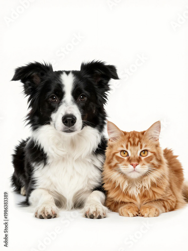 A black and white dog sits next to an orange cat on a white background. Both animals look at the camera. They appear to get along well and share a moment Generative AI