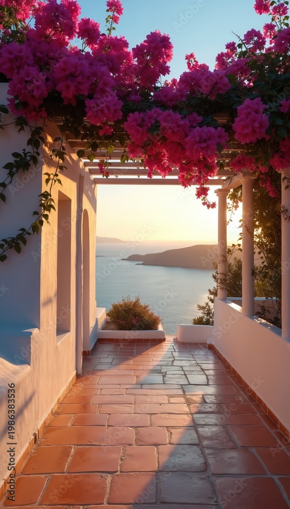 Naklejka premium White building balcony with pink bougainvillea overlooks calm sea at sunset. Sunlight shines on terracotta tiles, white pillars, creating peaceful island atmosphere. Distant hills meet horizon under