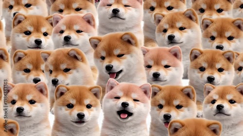A cheerful mosaic of adorable Shiba Inu puppies forming a heartwarming collage