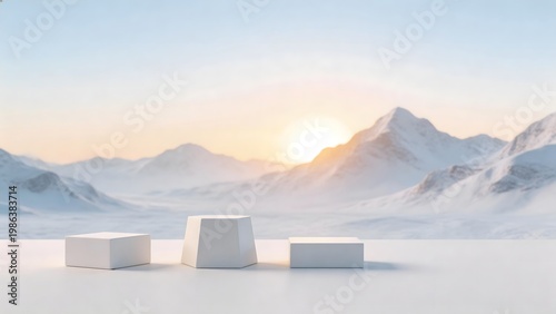 Snowy mountain landscape with white podiums
