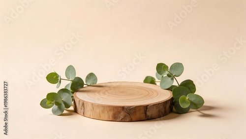 Wooden slice with green leaves on beige background