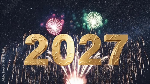 A Gleaming Golden 2027 Celebration Display Amid a Night Sky Exploding with Fireworks