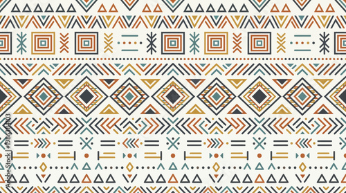 Seamless tribal geometric pattern with hand-drawn diamonds and triangles.