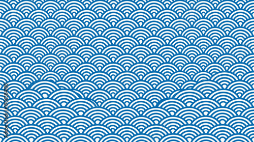 Blue seamless Japanese wave pattern background with repeating arcs.