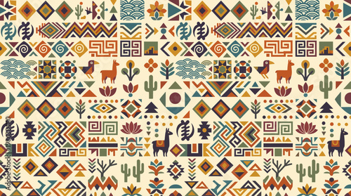 Seamless Southwestern tribal textile pattern with llamas and cacti.