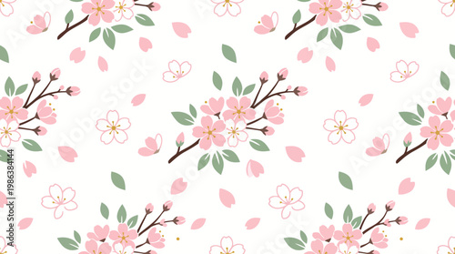 Seamless pink cherry blossom pattern with delicate blooming branches.