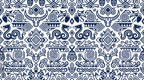 Seamless blue and white ornamental geometric tile pattern with arabesque motifs and floral accents.