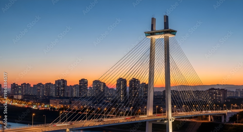 Fototapeta premium cable-stayed bridge at sunset with city skyline