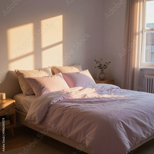 Light from the setting sun fills the bedroom with warm tones. A bed with soft bedding is neatly made, and small wooden furniture adds a touch of simplicity to the space Generative AI